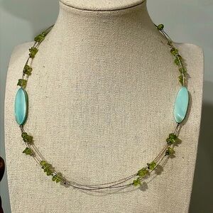 Vicky Jousan Illusion 3 strand wire green beads & blue mother of pearl necklace